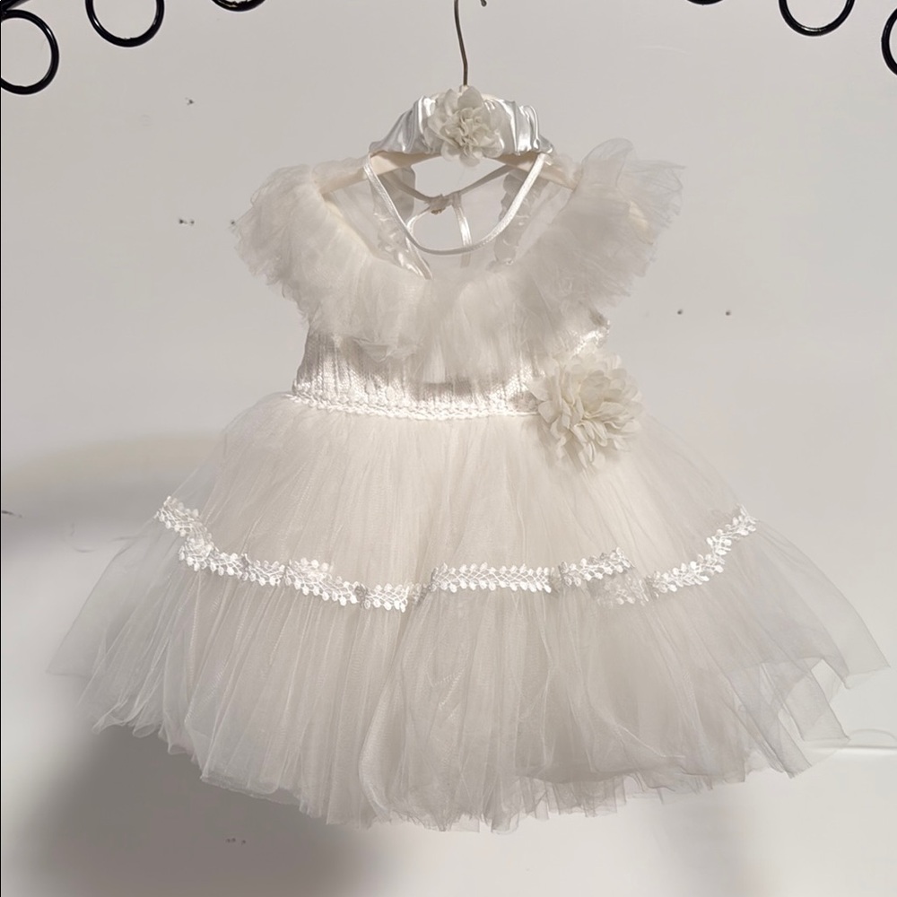 Elegant White Tulle Kids Formal Dress and Matching Headband